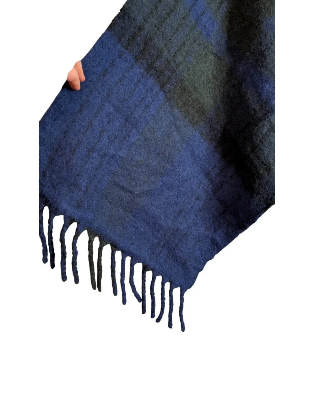 Uniqlo blue tartan plaid scarf soft fringe unisex cozy blanket wrap wool silk